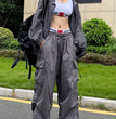 Y2K Parachute Black Pants Women Hippie Streetwear Oversize Pockets Cargo Trousers Harajuku Wide Leg Baggy Sweatpants