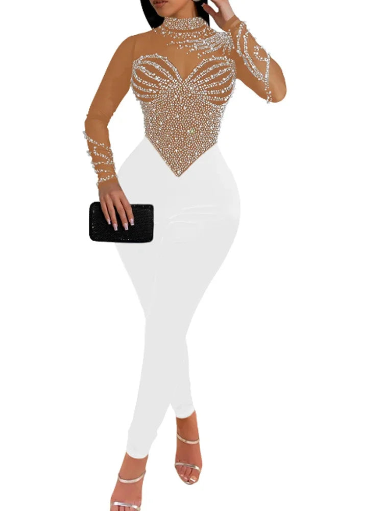 Pearls Rhinestone Romper for Women Jumpsuits Mesh See Through Skinny One Piece Overalls