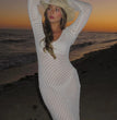 Sexy Women White Long Knit Sleeve Bikin Fashion Cover up Female See-Through Deep V-Neck Hollow-Out Beach Knitwear Backless Dress