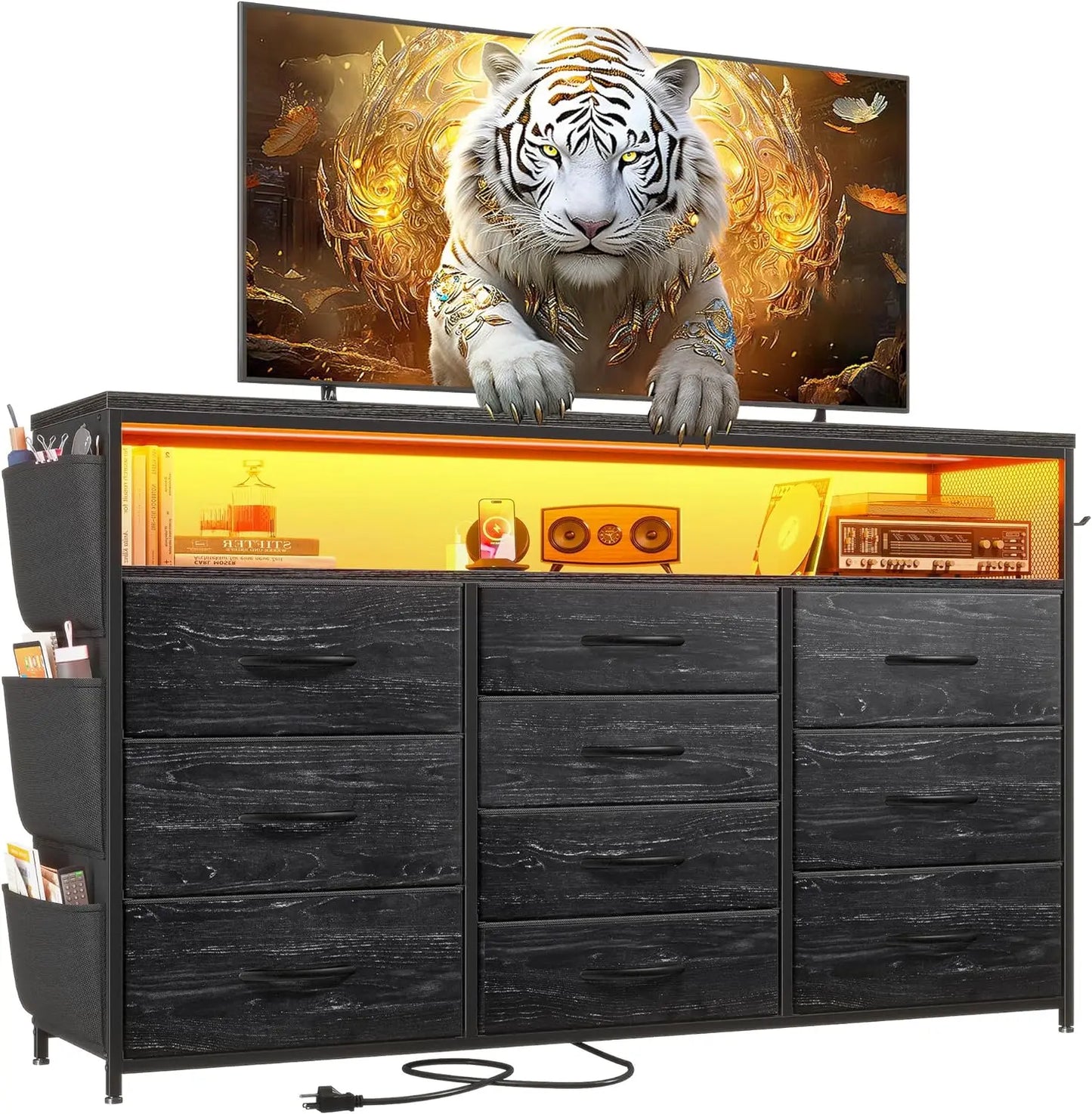 Dresser TV Stand with 10 Drawers for 55" TV Stand for Bedroom with LED Lights & Power Outlets Wide Dresser for Bedroom with Shel