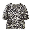 Leopard Shirt Summer Crop Top Puff Sleeve Blouse With Lace-up Closing New Women's Clothing