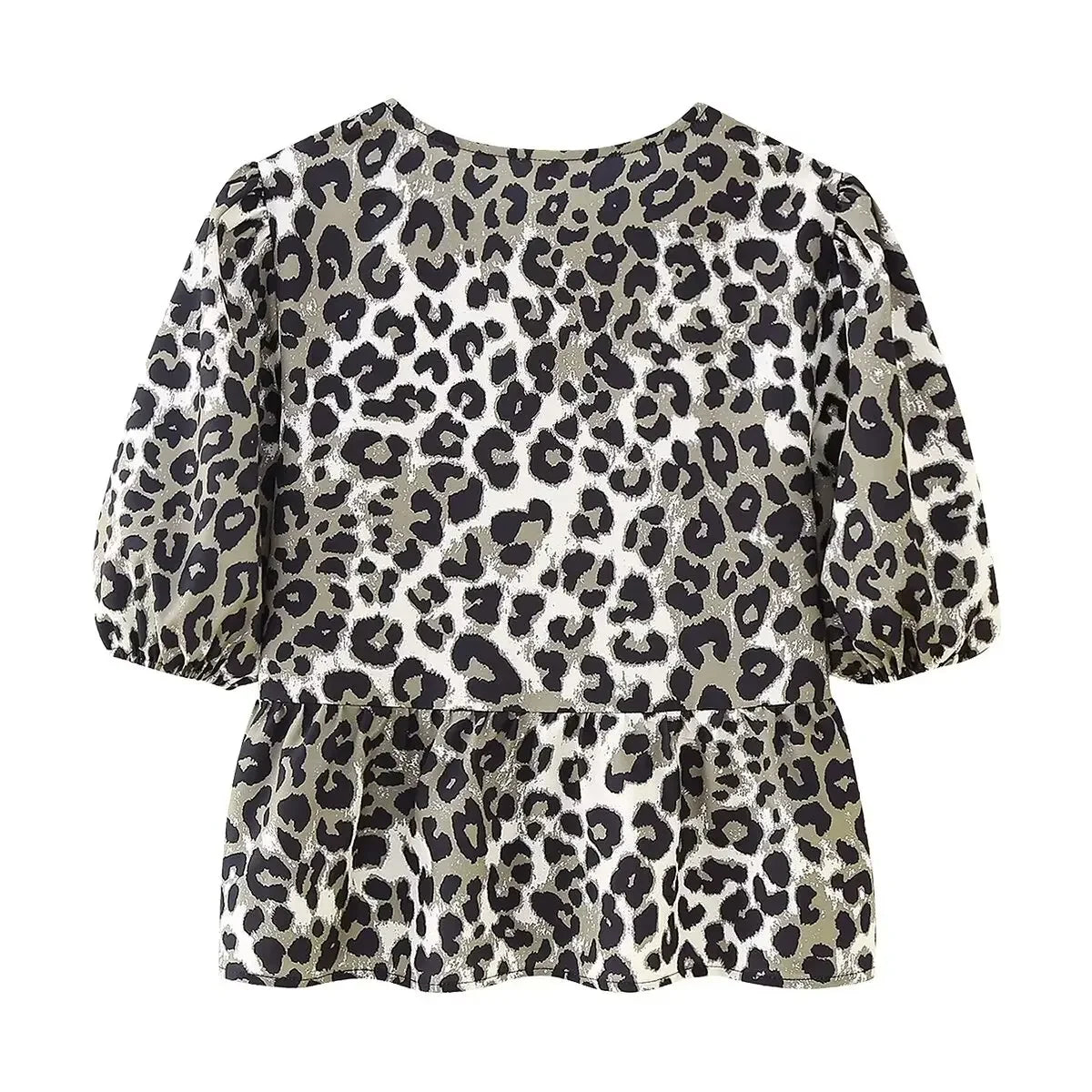 Leopard Shirt Summer Crop Top Puff Sleeve Blouse With Lace-up Closing New Women's Clothing