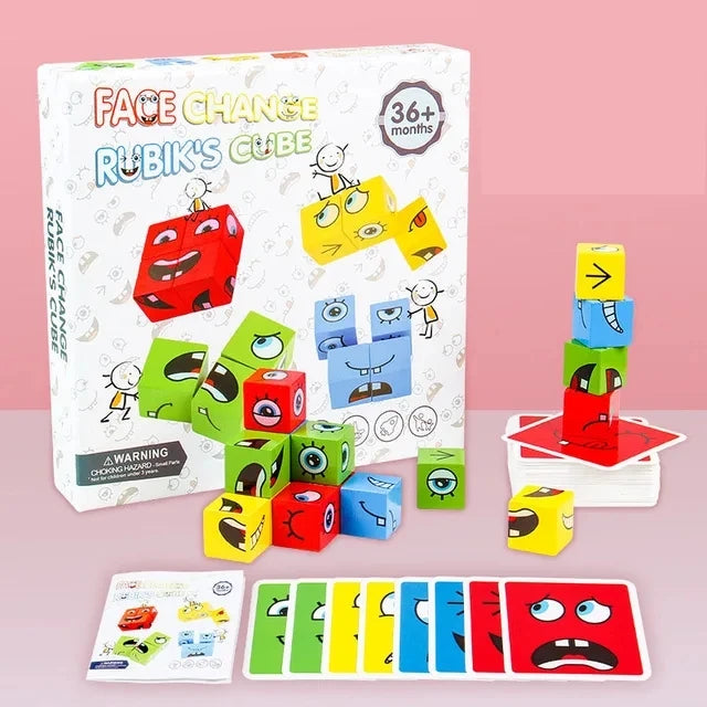 Kids Emotions Expression Game Wooden Cube Face Changing Board Cartoon Puzzle Toy Montessori Thinking Challenge Games