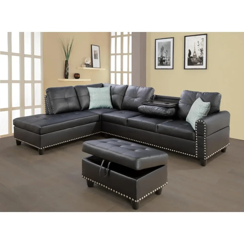 L Shaped Sectional Sofa Set with Storage Ottoman Reversible Back Cushion W/Cupholders, Wide Convertible Upholstered Couch