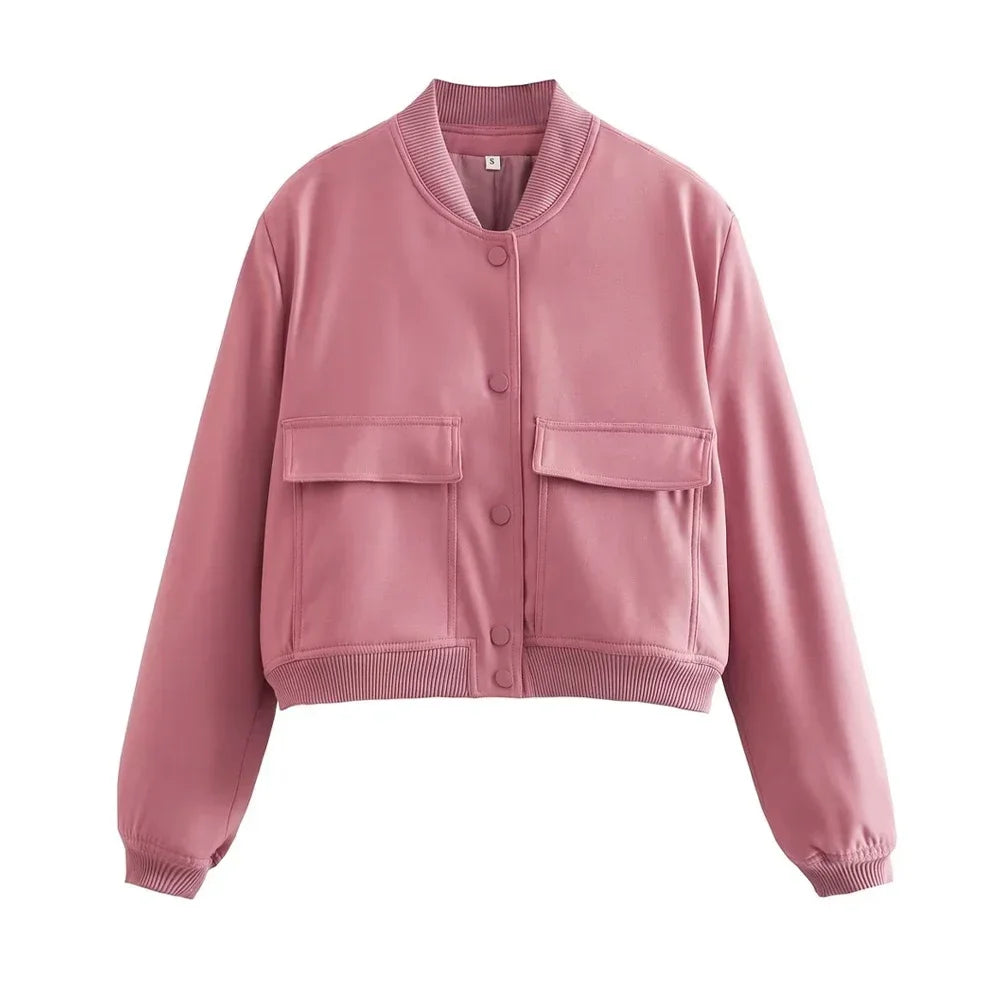 ASDS Women Fashion With Pockets Bomber Jacket Coats Vintage Long Sleeve Front Button Casual Female Outerwear Chic Tops