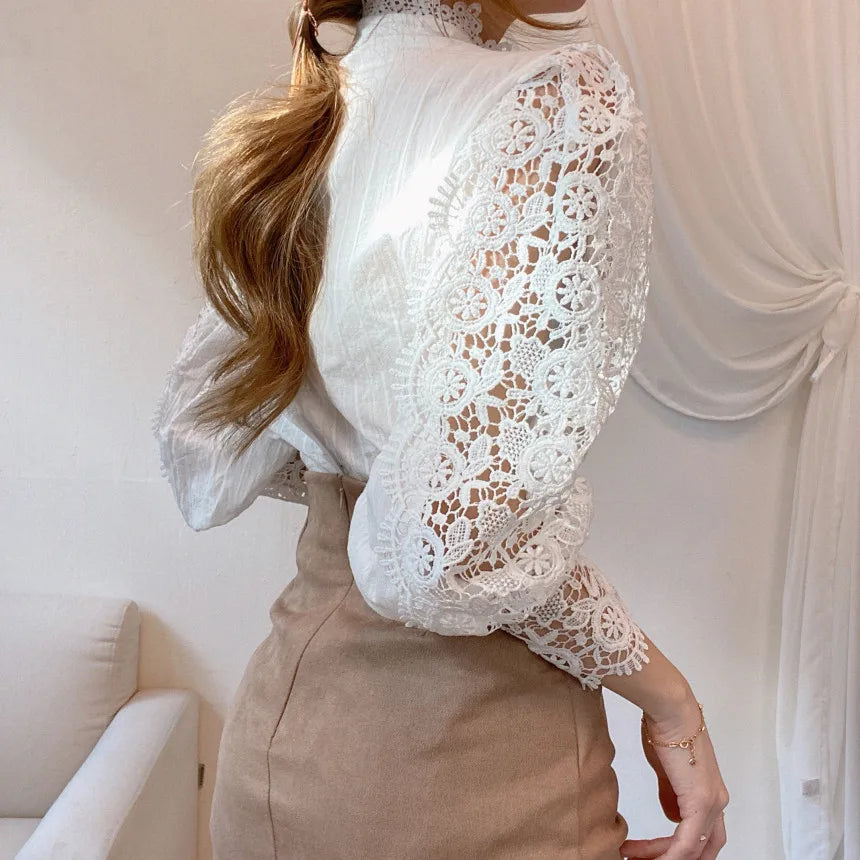 Fashion Long Sleeve Women Blouse Hollow Out Lace Blouse Shirt Tops Women Blusas Mujer De Moda 2024 Blouses Femme Women Shirts