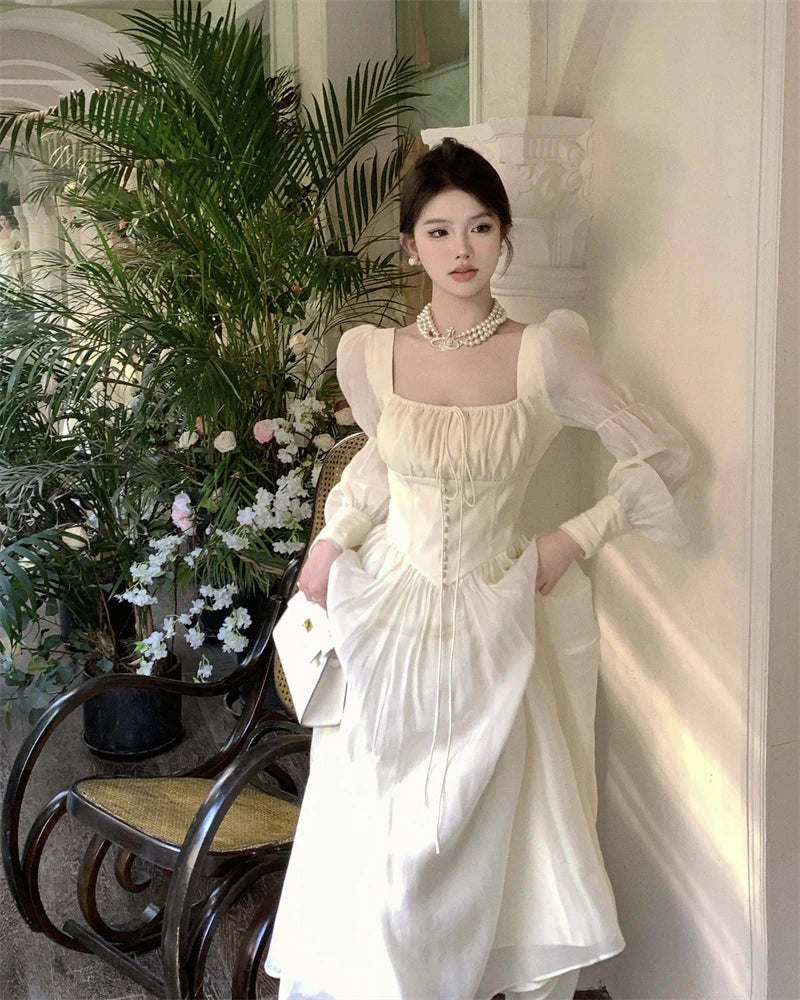 Elegant Princess Party Dress Women High Waist A-line Lace Up Autumn Spring French Vintage Prom Robe One Piece Vestidos Mujer New