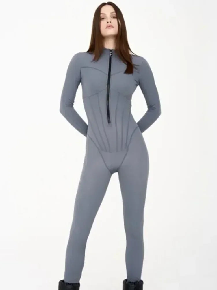 Sexy Elegant Women Zip-up O-neck Long Sleeve Jumpsuit Streetwear 2024 Autumn Female Overalls One Piece Fitness Sports Bodysuits