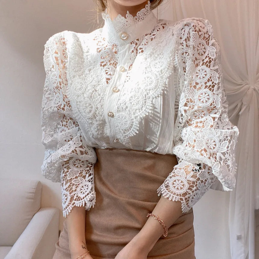 Fashion Long Sleeve Women Blouse Hollow Out Lace Blouse Shirt Tops Women Blusas Mujer De Moda 2024 Blouses Femme Women Shirts