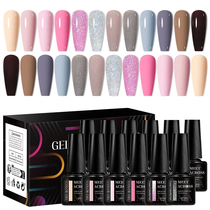 MEET ACROSS 12Pcs/Set 7ml Macaron Gel Nail Polish With Box Semi Permanent UV Gel  Soak Off Nail Art Kit Varnish For Manicure