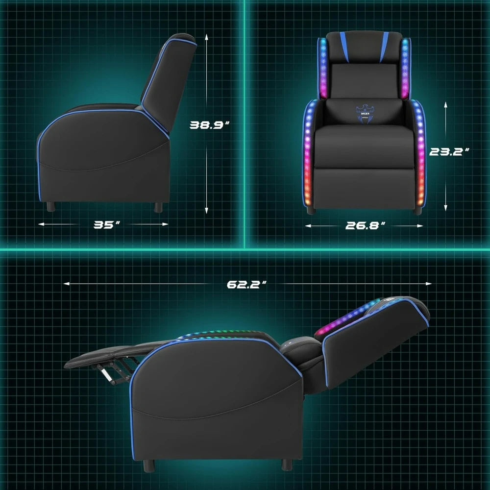 LED Gaming Massage Recliner Chair, Racing Style Single Living Room Sofa Comfortable Ergonomic Home Theater Seating, Chairs