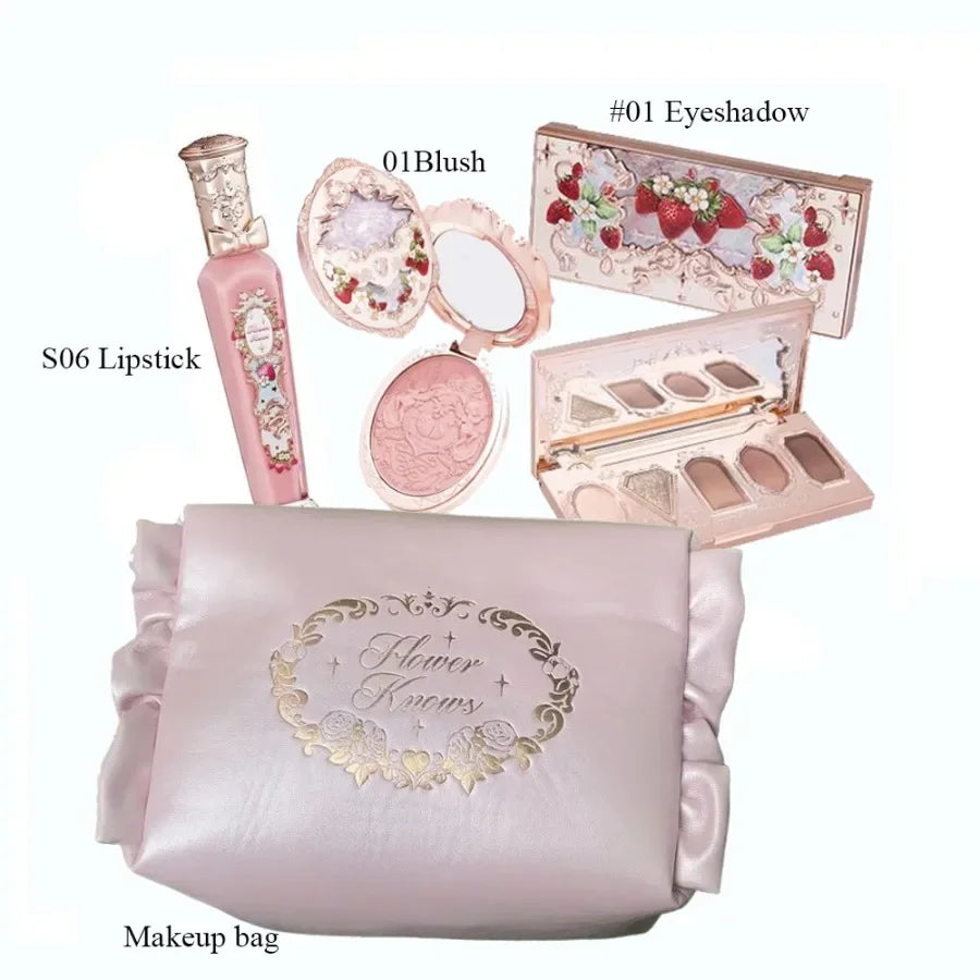 Flower Knows All In One Makeup Set Gift Box Glitter Eye Shadow Palette Matte Blush Long Lasting Velvet Lip Cream With Bag