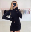 Solid Color Long-sleeved Drawstring Dress Fashionable Waist Pleated Hip Skirt Temperament Banquet Women's Clothing