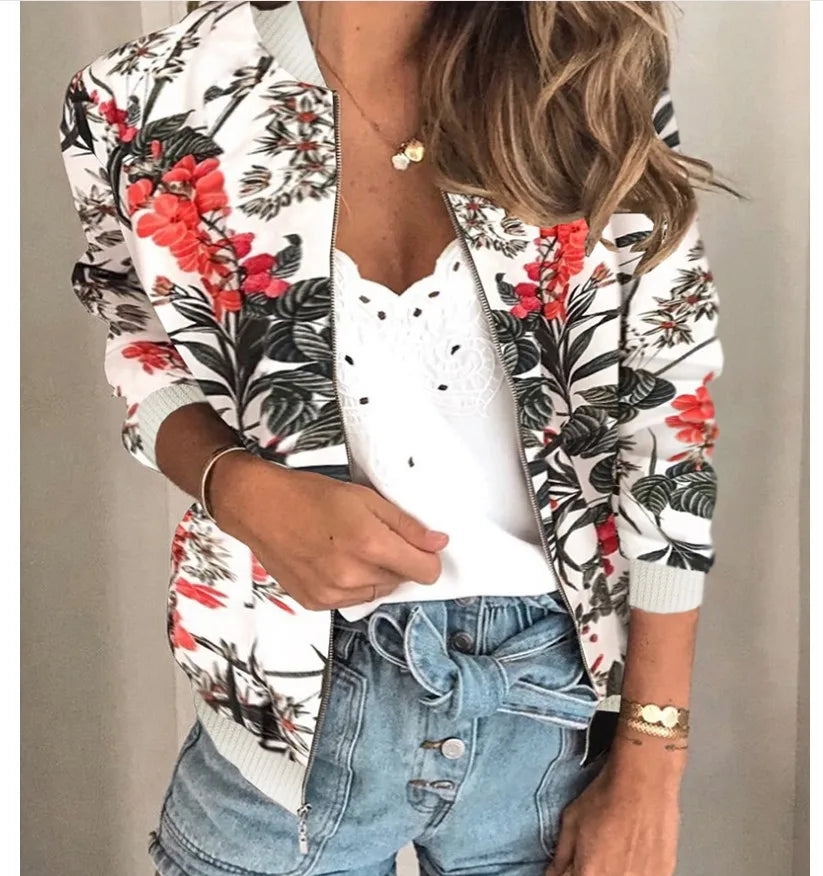 Women Elegant Zipper Bomber Jacket Spring Autumn Floral Printed Jackets Office Wear Slim Office Coat Retro Outwear