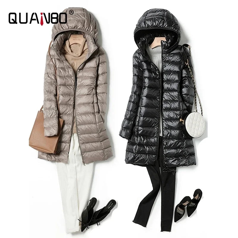 2024 Women Spring Jacket Ultralight Thin Packable Down Long Jacket  Female Hat Detachable Slim Fit Skirt Coat Portable Outwear