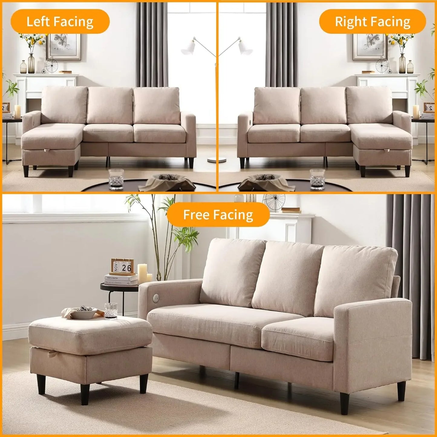 Convertible Sectional Linen Sofa for Living Room Apartment, L-Shaped Couch 3 Seats Sofas w/Storage Chaise & Charging Port, Beige