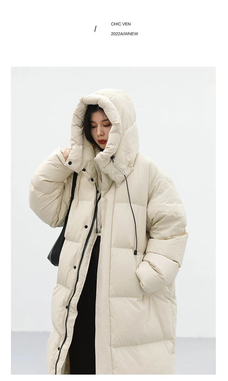 CHIC VEN Women's Down Coats Korean Loose Hooded Thick Warm Long Down Jacket Winter Coat for Women Female Parkas Outerwears 2024