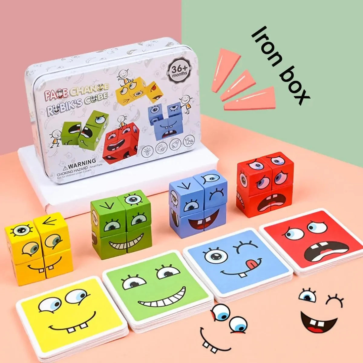 Kids Emotions Expression Game Wooden Cube Face Changing Board Cartoon Puzzle Toy Montessori Thinking Challenge Games