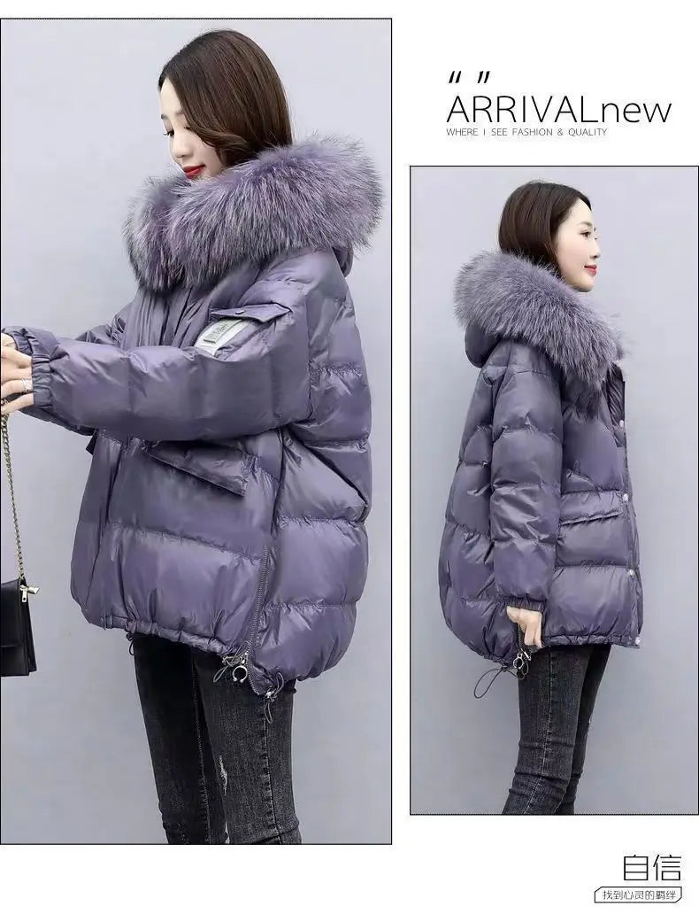 2024 Winter New Warm Down Cotton Jacket With Large Fur collar Hooded Coat Loose Women Thicken Parker Puffer Overcoat Casual wear