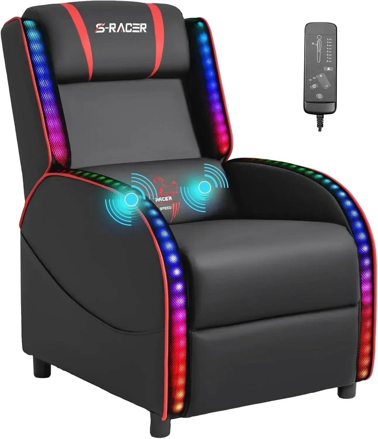 LED Gaming Massage Recliner Chair, Racing Style Single Living Room Sofa Comfortable Ergonomic Home Theater Seating, Chairs