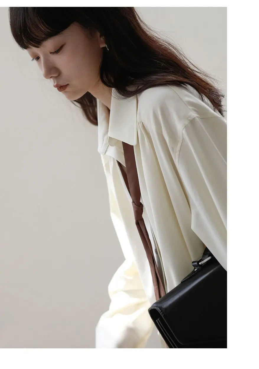 2025 Spring Minimalist Long Sleeve Button Up Shirt Women Korean Style Solid Tie Oversize Shirts Blouse Loose Clothes Autumn Tops