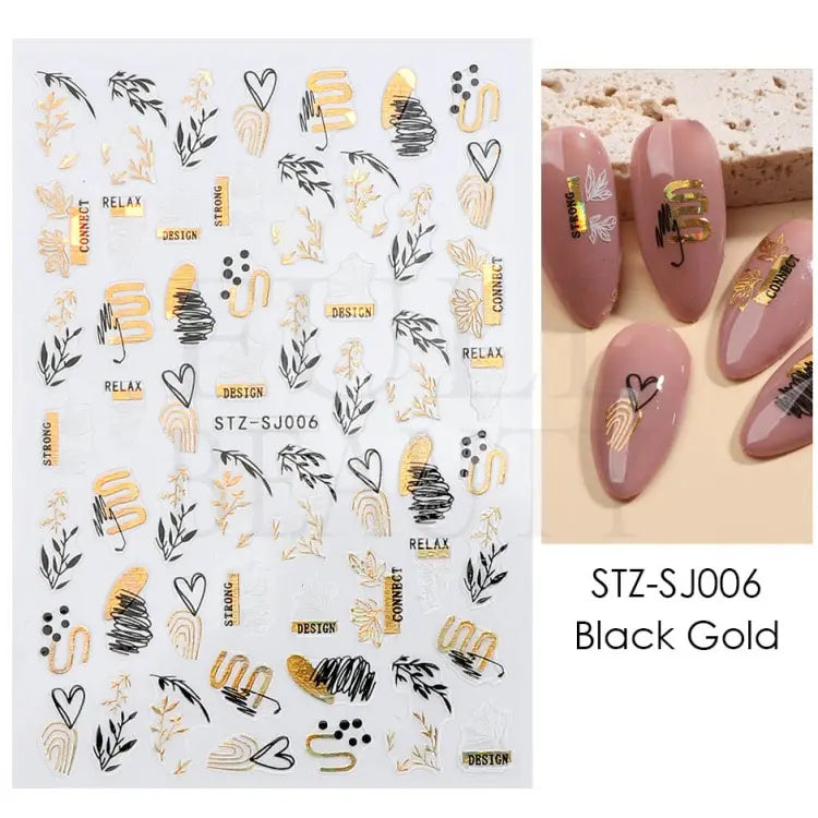 Abstract Geometry Stickers For Nail 3D Laser Gold Black Leaves Heart Line Adhesive Sliders Decor Holographic Decal