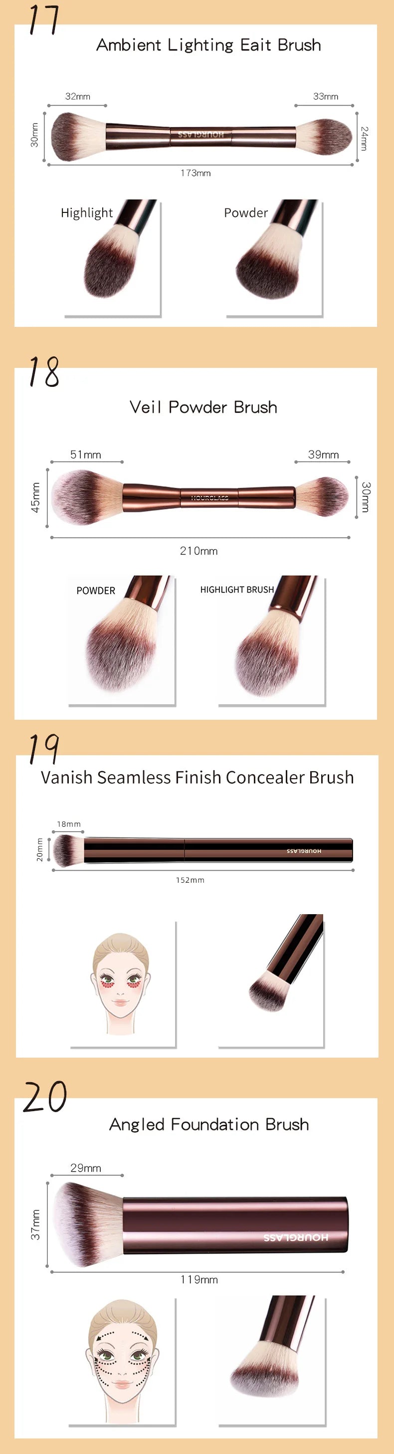 Hourglass Makeup Brushes Powder Foundation Concealer Blusher Bronzer Eye Shadow Eyebrow Eyeliner Sculpting Brush