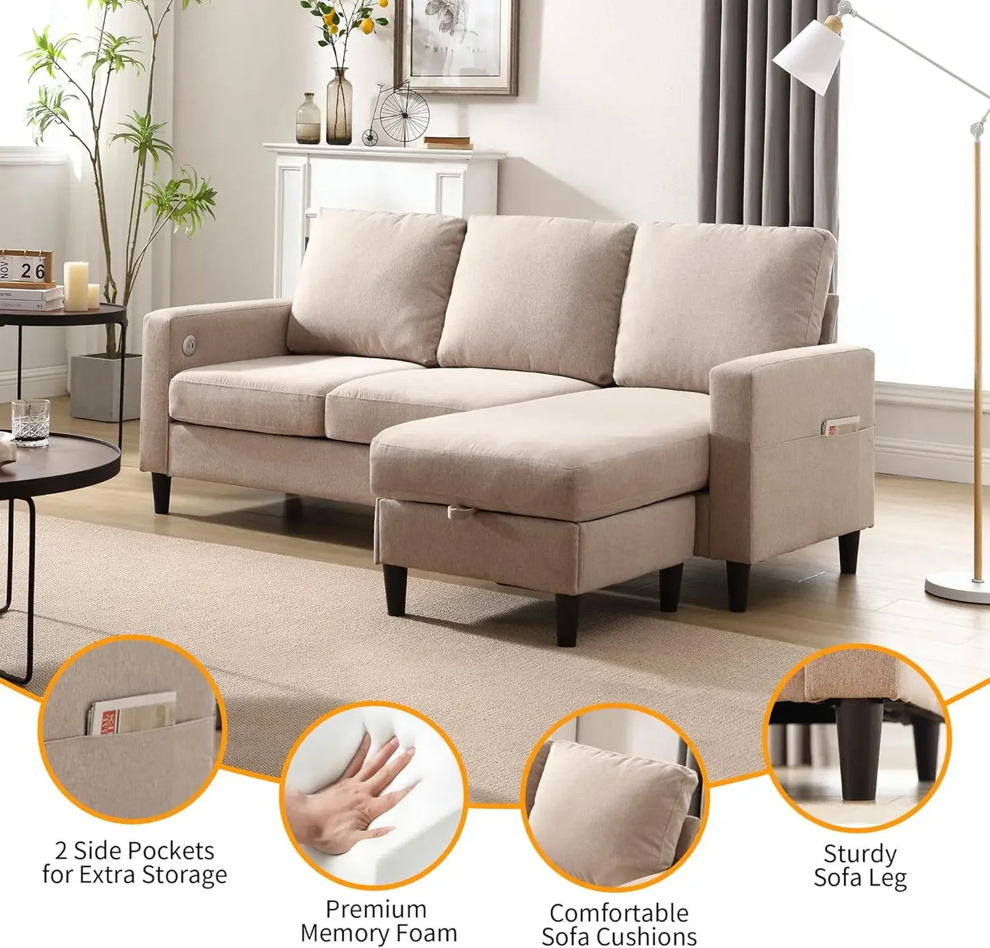 Convertible Sectional Linen Sofa for Living Room Apartment, L-Shaped Couch 3 Seats Sofas w/Storage Chaise & Charging Port, Beige