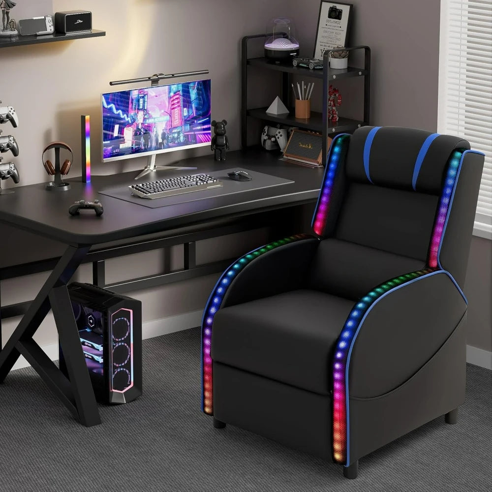 LED Gaming Massage Recliner Chair, Racing Style Single Living Room Sofa Comfortable Ergonomic Home Theater Seating, Chairs