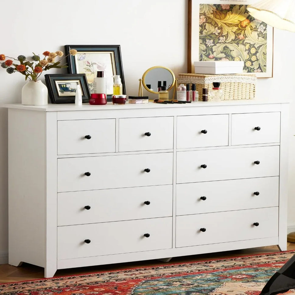 Bedroom Dresser, Dresser for Bedroom with 10 Drawers, Wood Dresser with Smooth Metal Rail, White,  52.2*15.8*35.8 Inches(W*D*H)