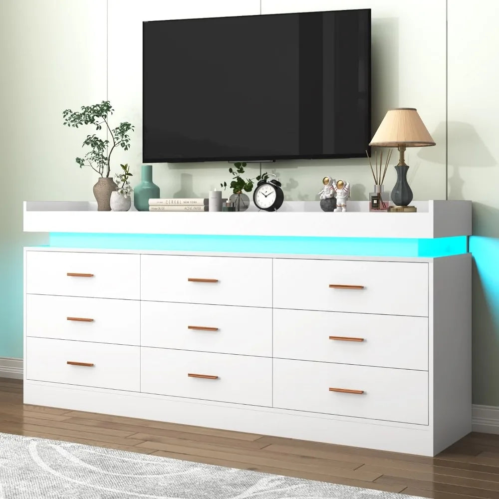 9 Drawer Dresser with LED Light, Modern Chest of Drawers for Closet, Wide Drawer Organizer Cabinet for Bedroom, White