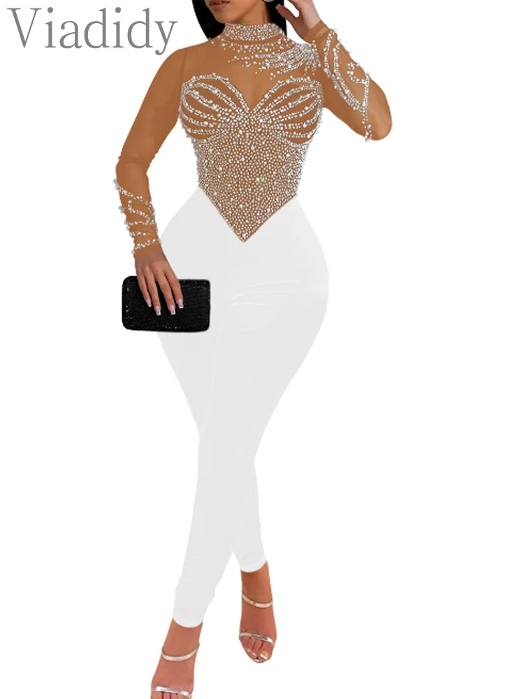 Pearls Rhinestone Romper for Women Jumpsuits Mesh See Through Skinny One Piece Overalls