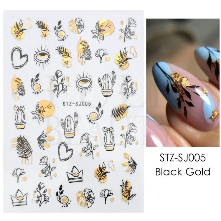 Abstract Geometry Stickers For Nail 3D Laser Gold Black Leaves Heart Line Adhesive Sliders Decor Holographic Decal