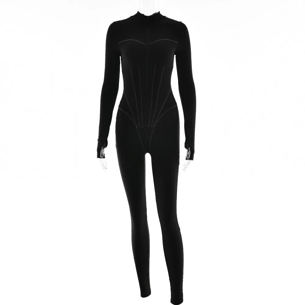 Sexy Elegant Women Zip-up O-neck Long Sleeve Jumpsuit Streetwear 2024 Autumn Female Overalls One Piece Fitness Sports Bodysuits