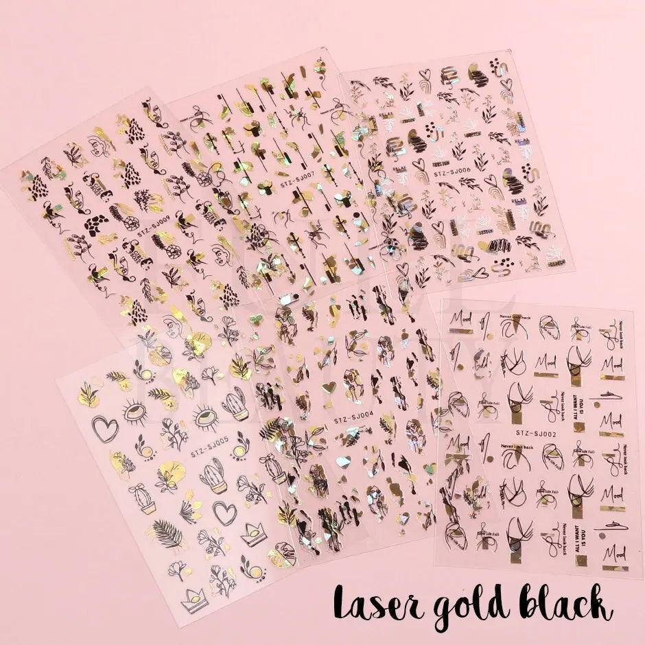 Abstract Geometry Stickers For Nail 3D Laser Gold Black Leaves Heart Line Adhesive Sliders Decor Holographic Decal