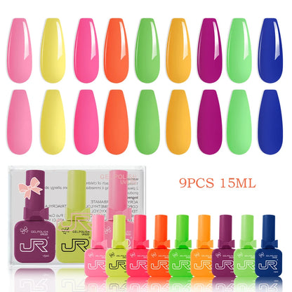 JR 9pcs 15ml gel nail polish set Including Red Pink Nude Gel Polish Kit UV LED Soak Off Polish Home DIY top coat base coat gifts