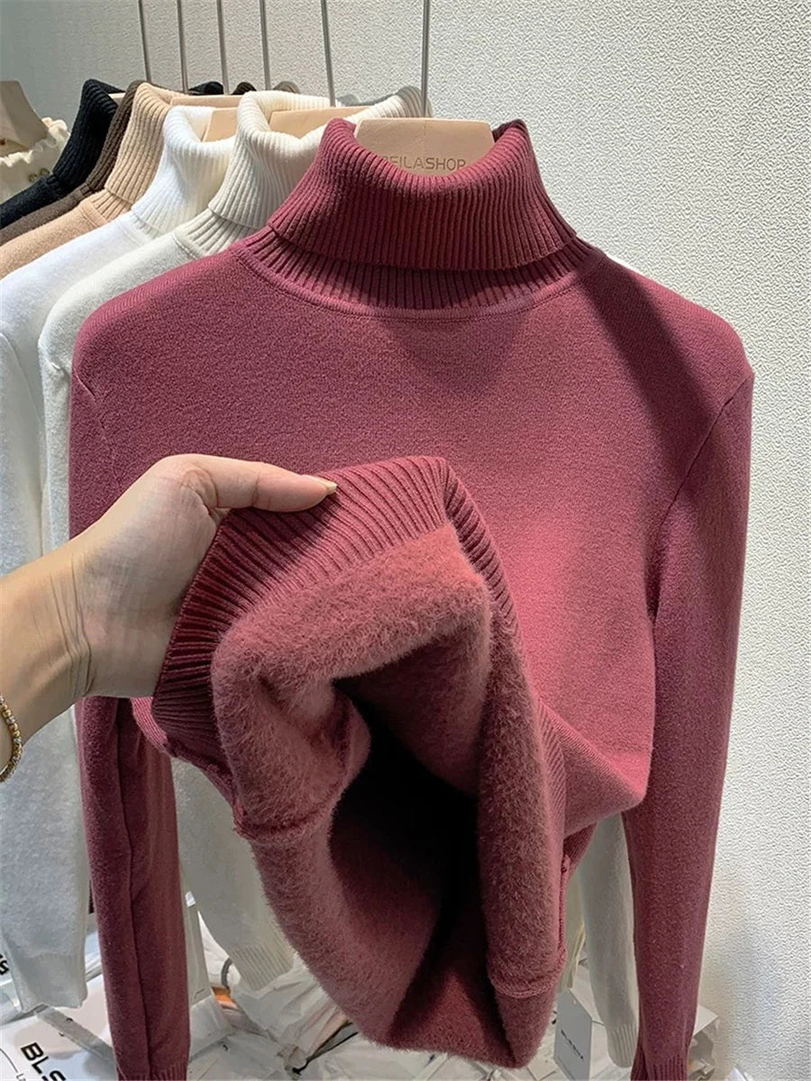 Turtleneck Winter Sweater Women Elegant Thicken Velvet Lined Warm Sueter Knitted Pullover Slim Tops Jersey Knitwear Jumper New