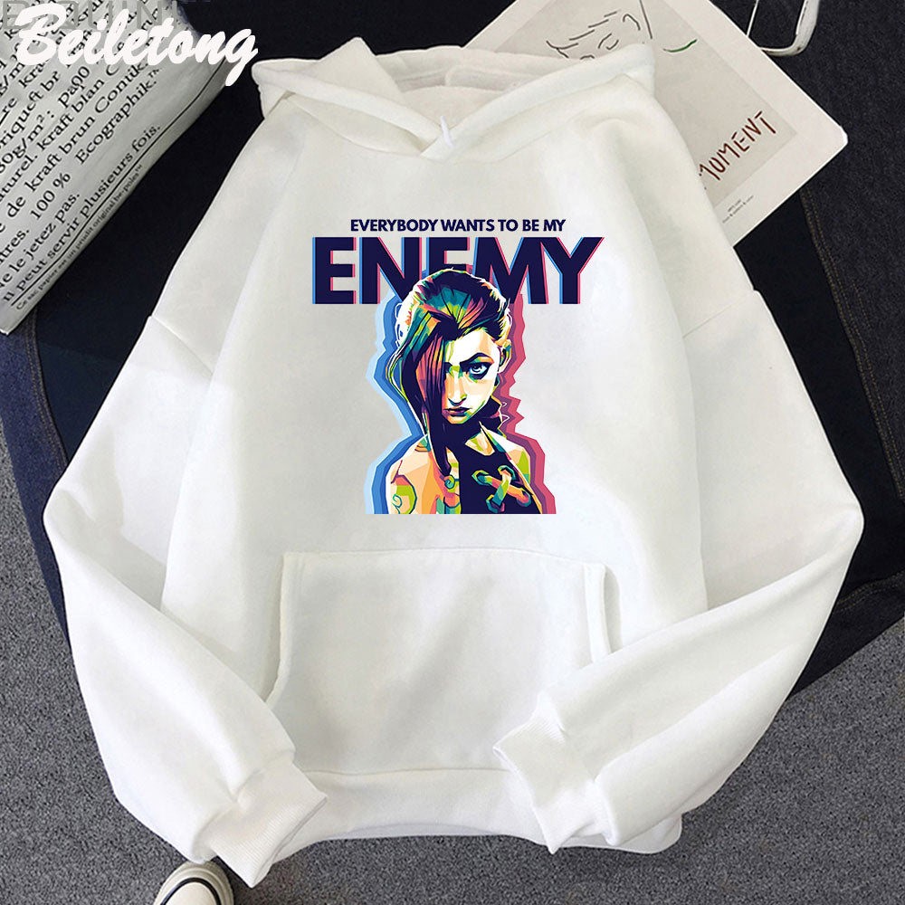 Jinx Arcane Hoodie ENEMY Cool Graphic Print Sweatshirt Women Tracksuit Sudaderas Aesthetic Clothes Streetwear Manga Casual Male