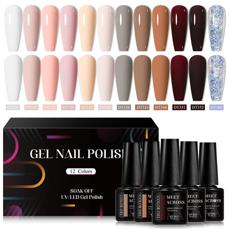 MEET ACROSS 12Pcs/Set 7ml Macaron Gel Nail Polish With Box Semi Permanent UV Gel  Soak Off Nail Art Kit Varnish For Manicure