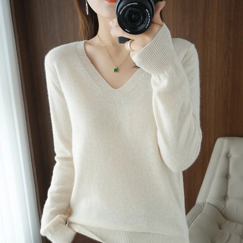 New Cashmere Women's V-neck Pullover Lace Neck Hollow Out Design Casual Knitted Long Sleeve Women's Sweater Autumn And Winter