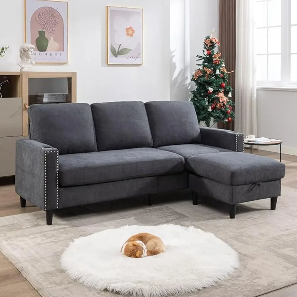 Sectional Sofa with Ottoman Nail-Head Design Linen Right Facing Modern Couches with Cup Holder L Shaped Sectional Sofa