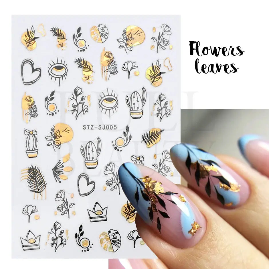 Abstract Geometry Stickers For Nail 3D Laser Gold Black Leaves Heart Line Adhesive Sliders Decor Holographic Decal