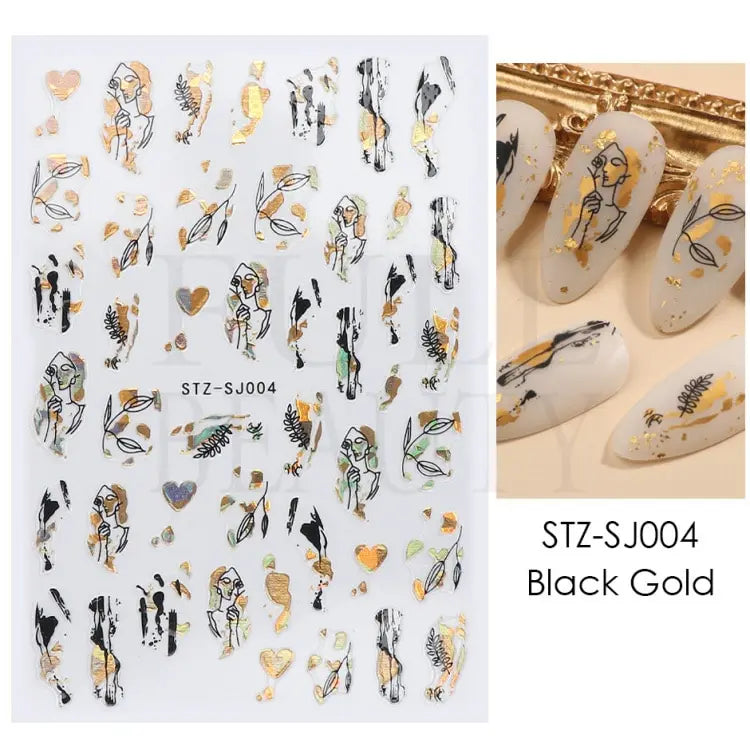 Abstract Geometry Stickers For Nail 3D Laser Gold Black Leaves Heart Line Adhesive Sliders Decor Holographic Decal