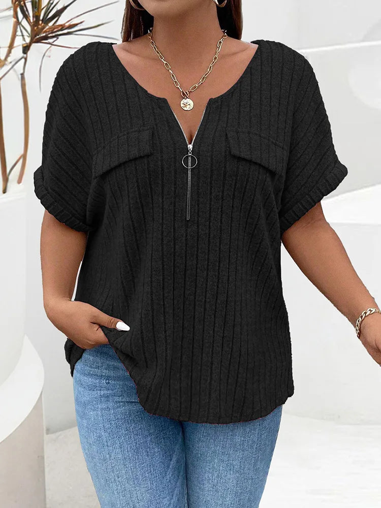 GIBSIE Plus Size Solid O-Ring Zip Front T Shirt for Women Summer 2024 O-Neck Short Sleeve Rib Knit Casual Tees Tops Female