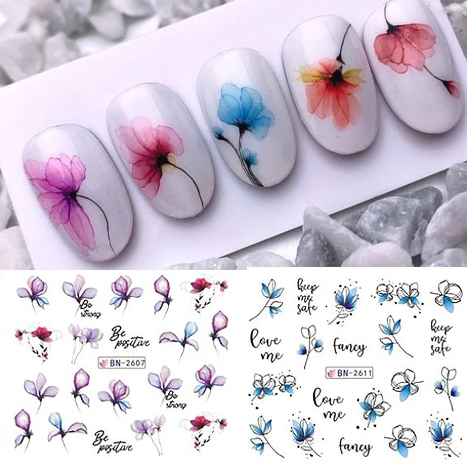 12 PCs Nail Sticker Set Spring Summer Water Decal Nail Art Ink Flowers Leaves Graffiti Slider for Nail Decoration Foils Tattoo