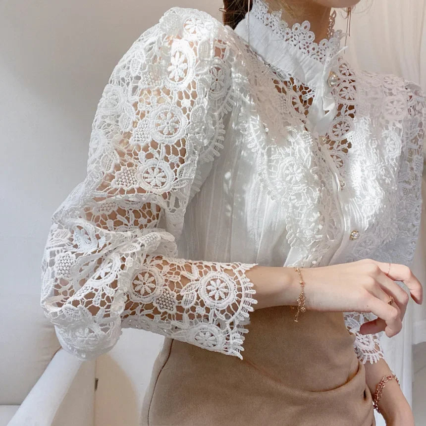 Fashion Long Sleeve Women Blouse Hollow Out Lace Blouse Shirt Tops Women Blusas Mujer De Moda 2024 Blouses Femme Women Shirts