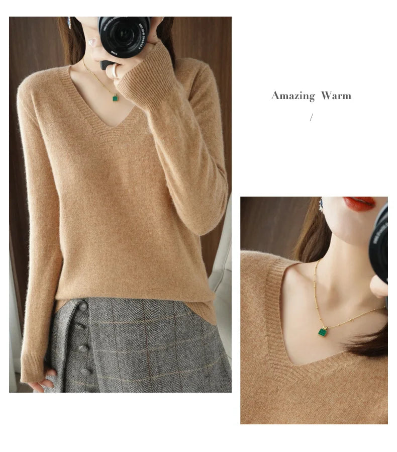 New Cashmere Women's V-neck Pullover Lace Neck Hollow Out Design Casual Knitted Long Sleeve Women's Sweater Autumn And Winter