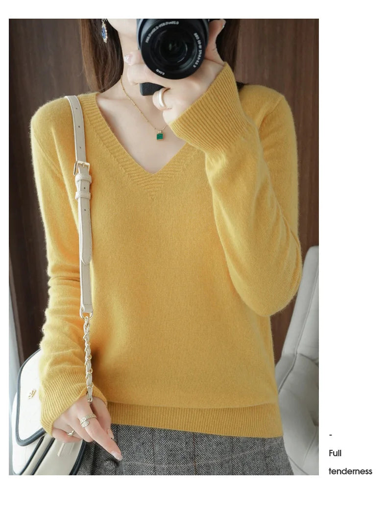 New Cashmere Women's V-neck Pullover Lace Neck Hollow Out Design Casual Knitted Long Sleeve Women's Sweater Autumn And Winter