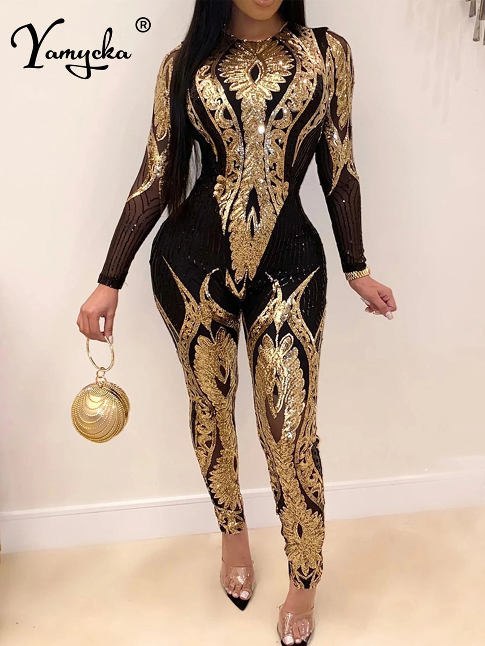 Sexy Long sleeve Sequin bodycon jumpsuit women body bodysuit one piece birthday party nightclub outfits womens jumpsuits overall