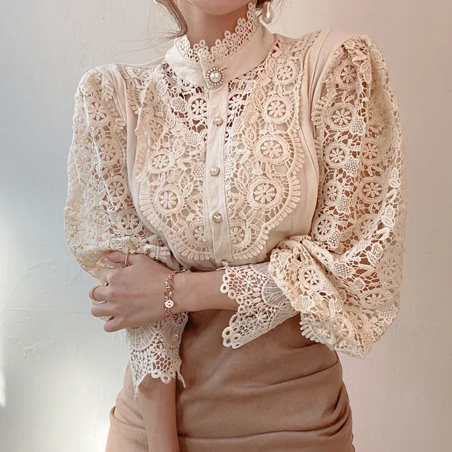 Fashion Long Sleeve Women Blouse Hollow Out Lace Blouse Shirt Tops Women Blusas Mujer De Moda 2024 Blouses Femme Women Shirts